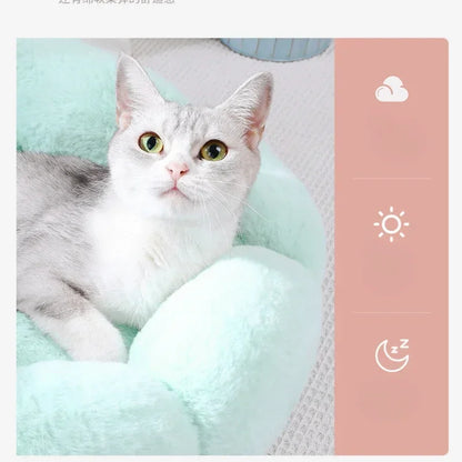 Cama de felpa para mascotas, cálida y relajante para el invierno, con forma de dona para gatos y perros, cojín antiansiedad para dormir profundamente, cama para gatos con forma de flor, nido grueso para acurrucarse