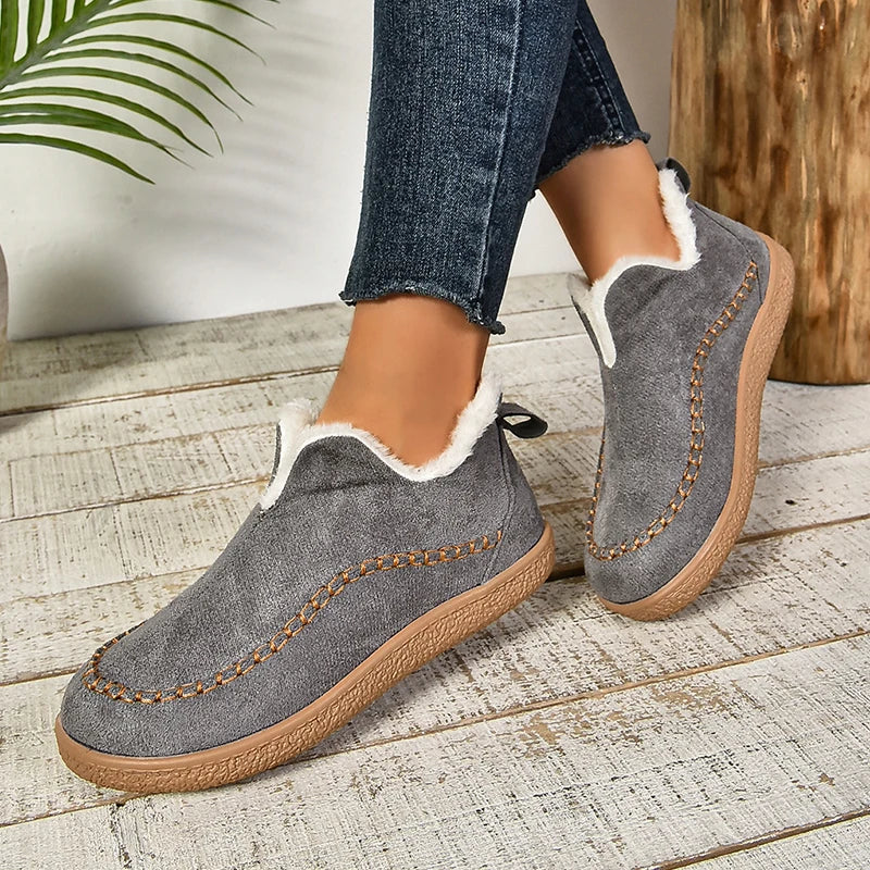 2024 New Hot Sale Suede Leather Ankle Boots Women Round Toe Thicken Fuzzy Snow Boots Comfortable Flat Anti-Slip Booties Mujer