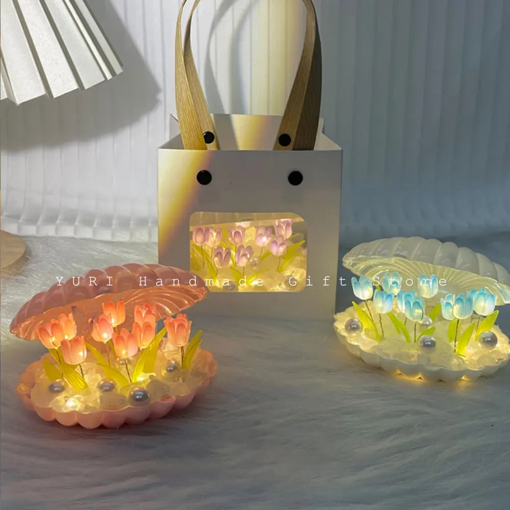 9 Flowers Shell Tulip Night Lamp Handmade Diy Home Decor Bedroom Atmosphere Light Girl Mother Girlfriend Valentine's Day