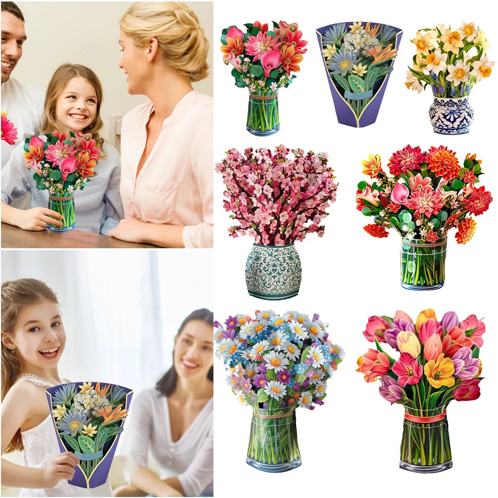 3D Pop Up Flower Greeting Card for Mothers Day Creative Multi-Style Bouquet Birthday Card Thank You Postcard for Birthday Easter