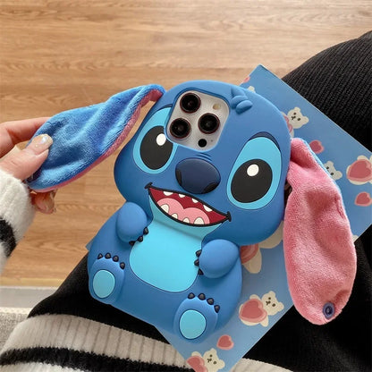 Stitch 3D Silicone Cartoon Phone Case for IPhone 14 13 12 11 15 Pro Max Fluffy Fur Plush Ear Sleeves Gift for Girls and Boys