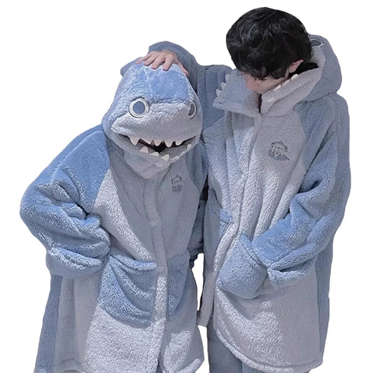 Shark Costume Blue Flannel Pajamas Set With Pants Unisex Women Men Nightgown Two Pieces Set Warm Coral Fleece Sleepwear PJS Set
