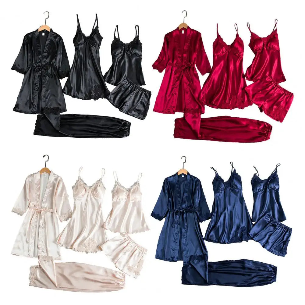 5 Pieces Pajamas Set Satin Home Pyjama Women Nightdress Lace Robe Sleep Suit Cami Vest Cardigan Trouser Sleepwear Gown Lingerie