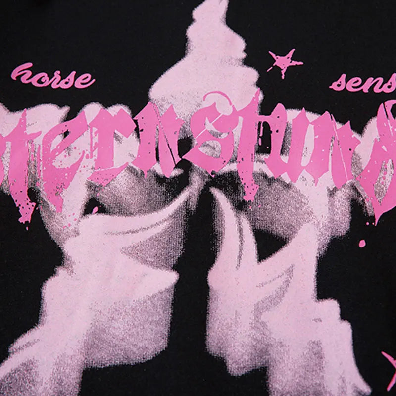 Oversized Hoodie Grunge Vintage Star Graphic Printed Hooded Sweatshirt with Chain Hip Hop Punk Gothic Baggy Pullover Streetwear