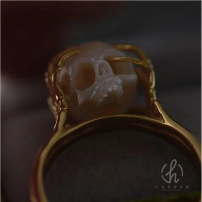 Unique Design Golden Color Imitation Pearl Skull Adjustable Ring Funny Headache Braincase Hand Carved Ring Party Jewelry Gifts