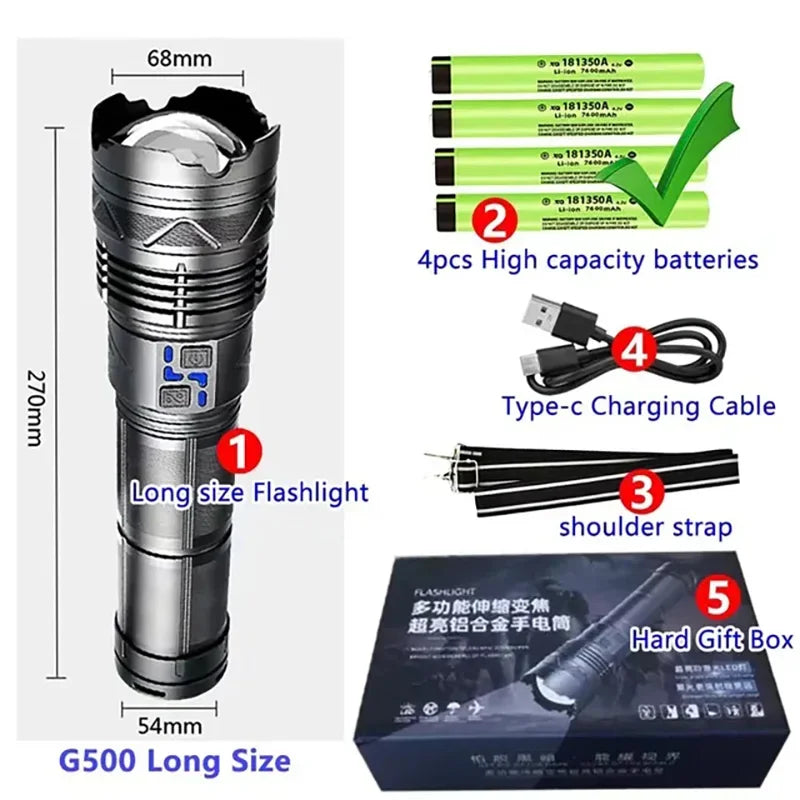 Powerful GT60 LED Flashlight Super Bright Long Range Torch Rechargeable Most Powerful Outdoor Tactical Hand Lamp Camping Lantern