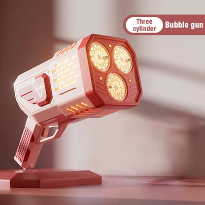 Pistola de burbujas con forma de cohete, 36 agujeros, máquina de burbujas de jabón, soplador automático con luz, juguetes para niños, regalo para el día de los niños