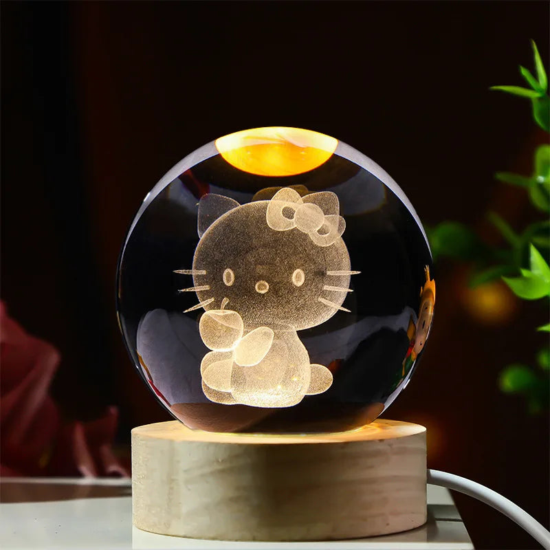 6cm 3d Crystal Ball Led Night Stitch Pikachu Doraemon A Dream Hellokitty Desktop Decoration Lamp Laser Carving Children Gifts