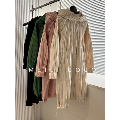 ALSEY Miyake Pleated Solid Collar Hooded Fashion Women's Jacket 2024 Autumn Winter New Long-sleeved Slim Lengthened Windbreaker
