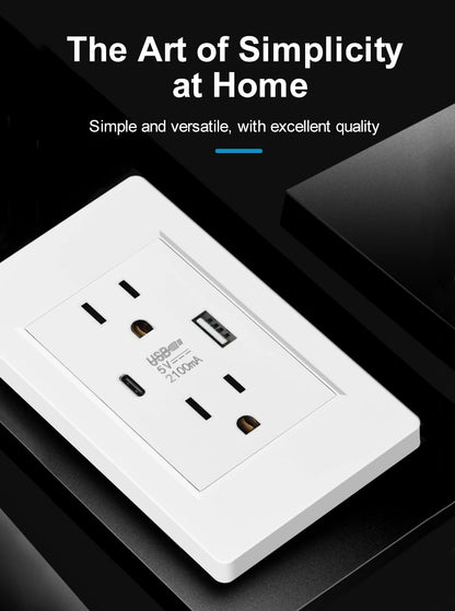 US Standard Wall Socket with USB Type-C Charging Port 5V 2.1A, 118*72mm PC Panel