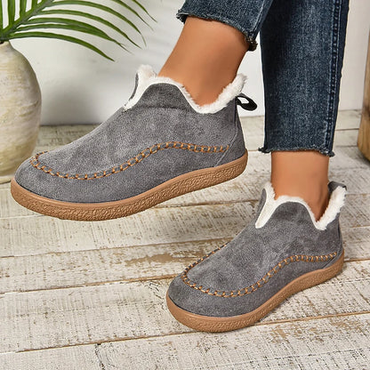 2024 New Hot Sale Suede Leather Ankle Boots Women Round Toe Thicken Fuzzy Snow Boots Comfortable Flat Anti-Slip Booties Mujer