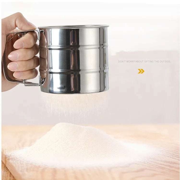 Stainless Steel Flour Sifter Powder Sieve Handheld Flour Sifter Powder Sieve Cup Double-Layer Hand Filter Powder Sieve Hand-Cran