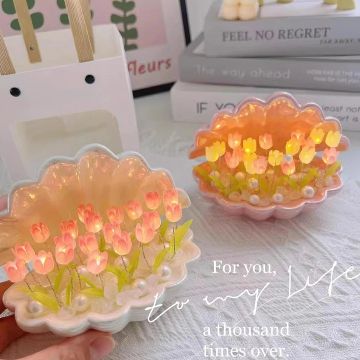 Diy Tulip Night Lamp Handmade Flower Lamp Birthday Lights Creative Home Pink/White Seashell Led Lamps Christmas Nightlight Light