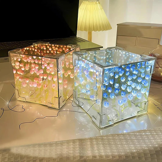 Romantic Tulip Flower Box Handmade Led Tulip Night Light DIY Material Package Bed Desktop Ornament Mirror Box Living Room Decor