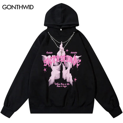 Oversized Hoodie Grunge Vintage Star Graphic Printed Hooded Sweatshirt with Chain Hip Hop Punk Gothic Baggy Pullover Streetwear