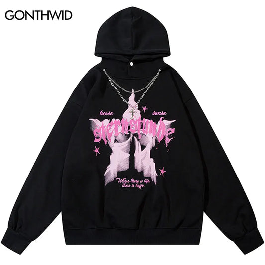 Oversized Hoodie Grunge Vintage Star Graphic Printed Hooded Sweatshirt with Chain Hip Hop Punk Gothic Baggy Pullover Streetwear