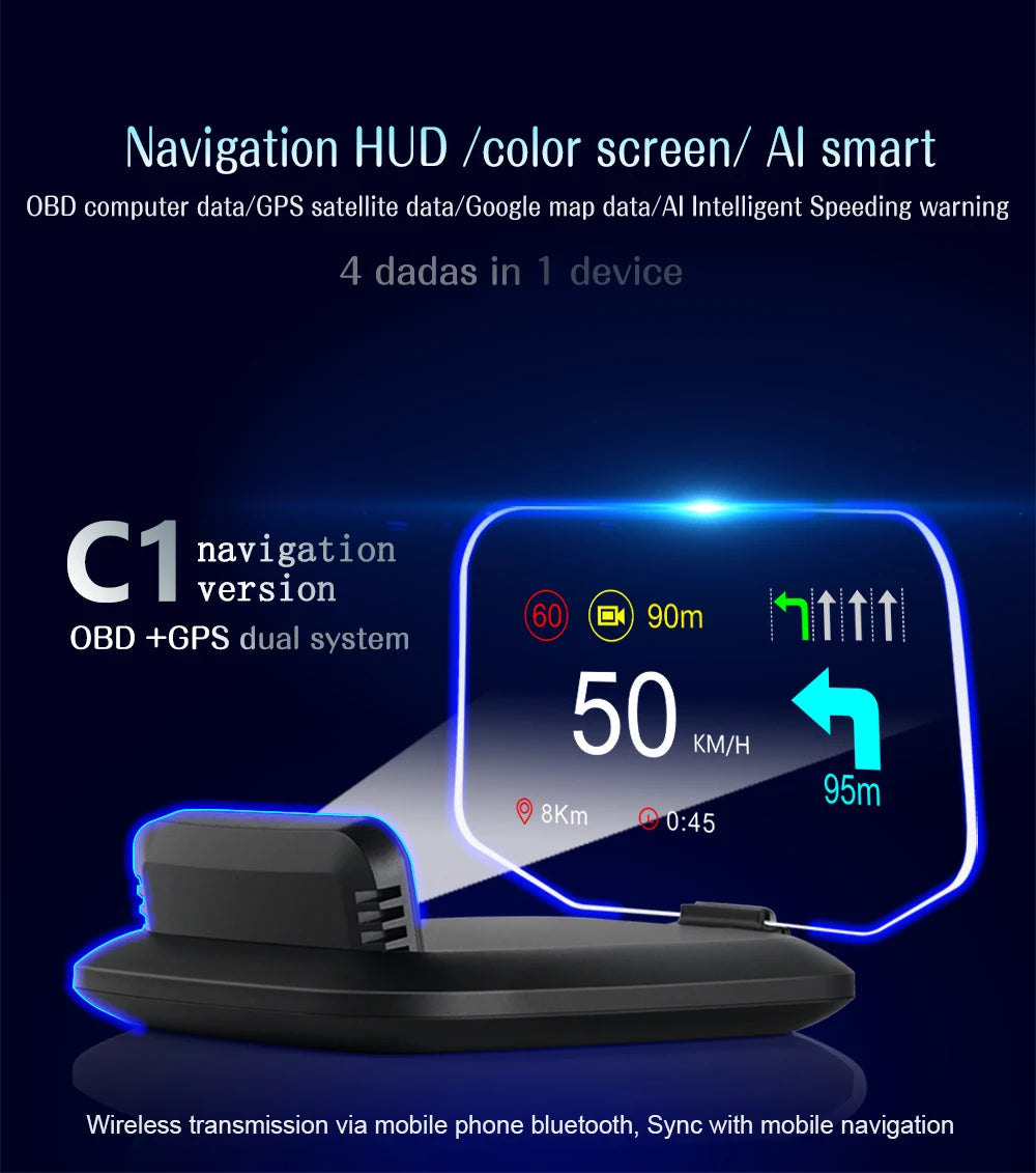 C1 Car Navigation Projection HUD Head Up Display Speedometer  Multiple Interfaces Car Accessories on Screen Overspeed Alarm