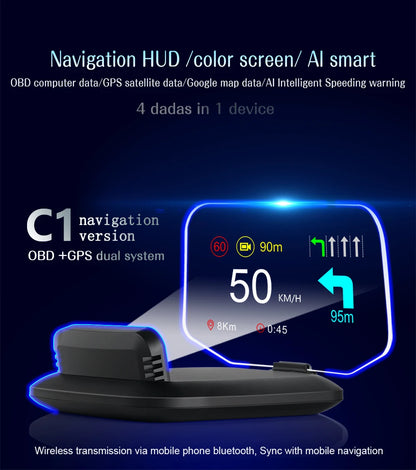 C1 Car Navigation Projection HUD Head Up Display Speedometer  Multiple Interfaces Car Accessories on Screen Overspeed Alarm