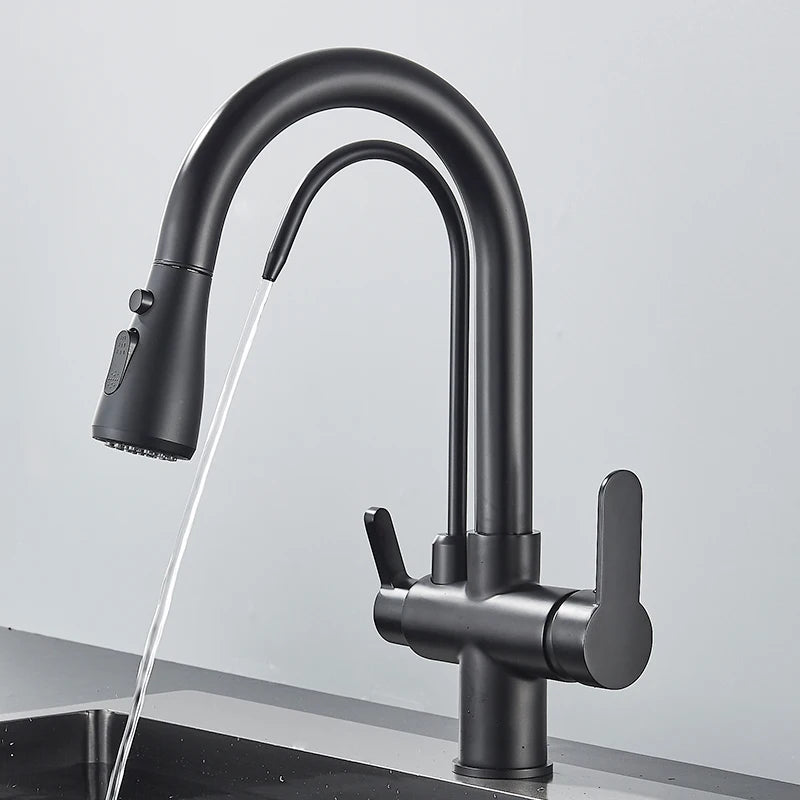 Grifo de cocina con filtro negro extraíble con rotación de 360 ​​grados y grifo mezclador de fregadero de tres vías