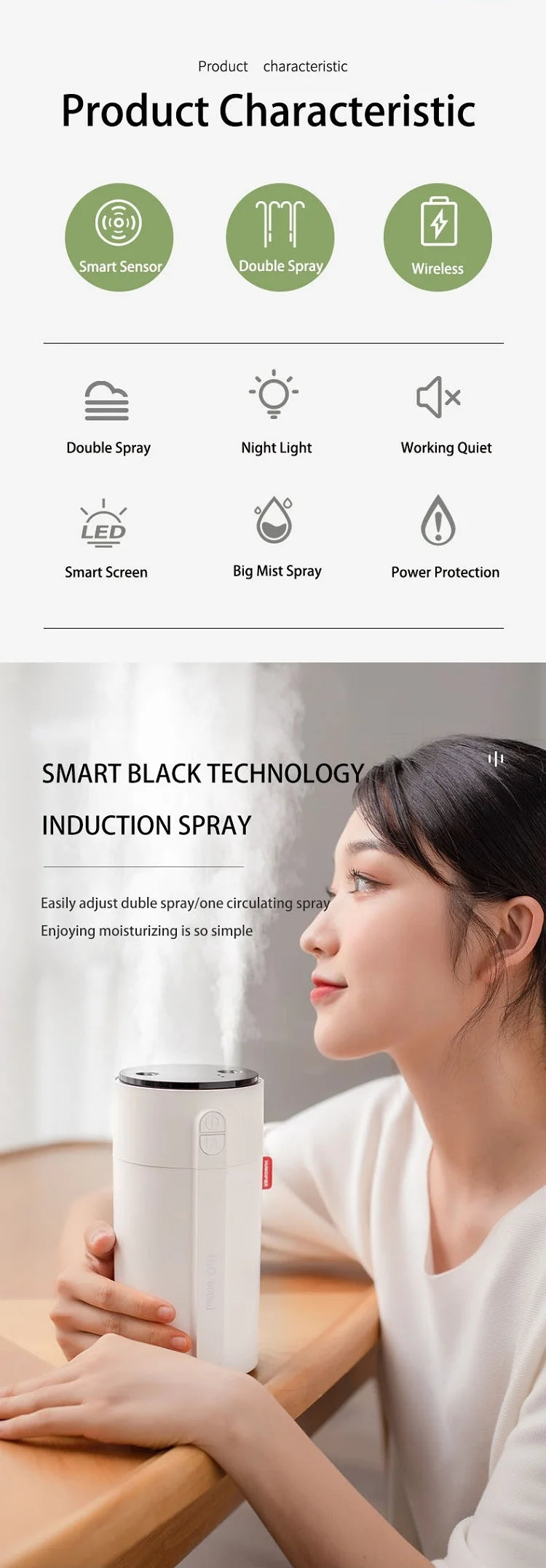 800ML Smart Induction Air Humidifier 2000mAh Battery USB Rechargeable Essential Oil Diffuser Air Humidifier for Home Car