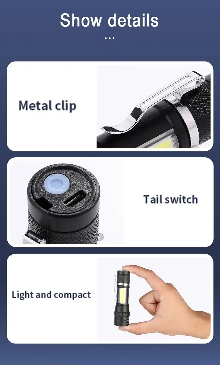 Powerful Mini LED Flashlight Pen Clip Zoom Torch Built in Battery USB Rechargeable Lantern with Side Light Outdoor Camping Lamp