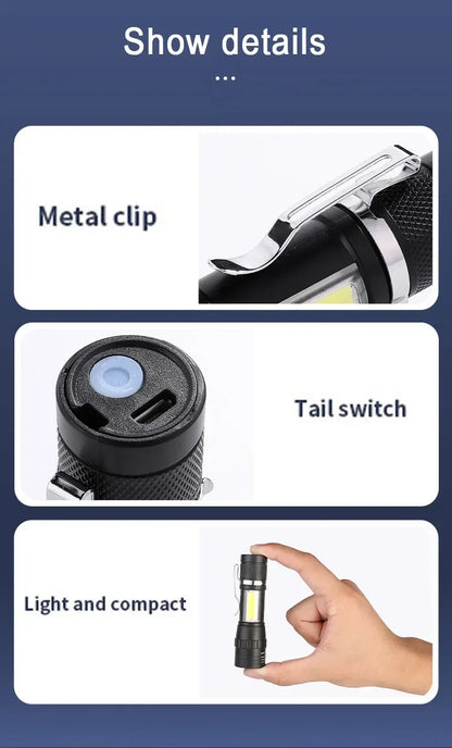 Powerful Mini LED Flashlight Pen Clip Zoom Torch Built in Battery USB Rechargeable Lantern with Side Light Outdoor Camping Lamp