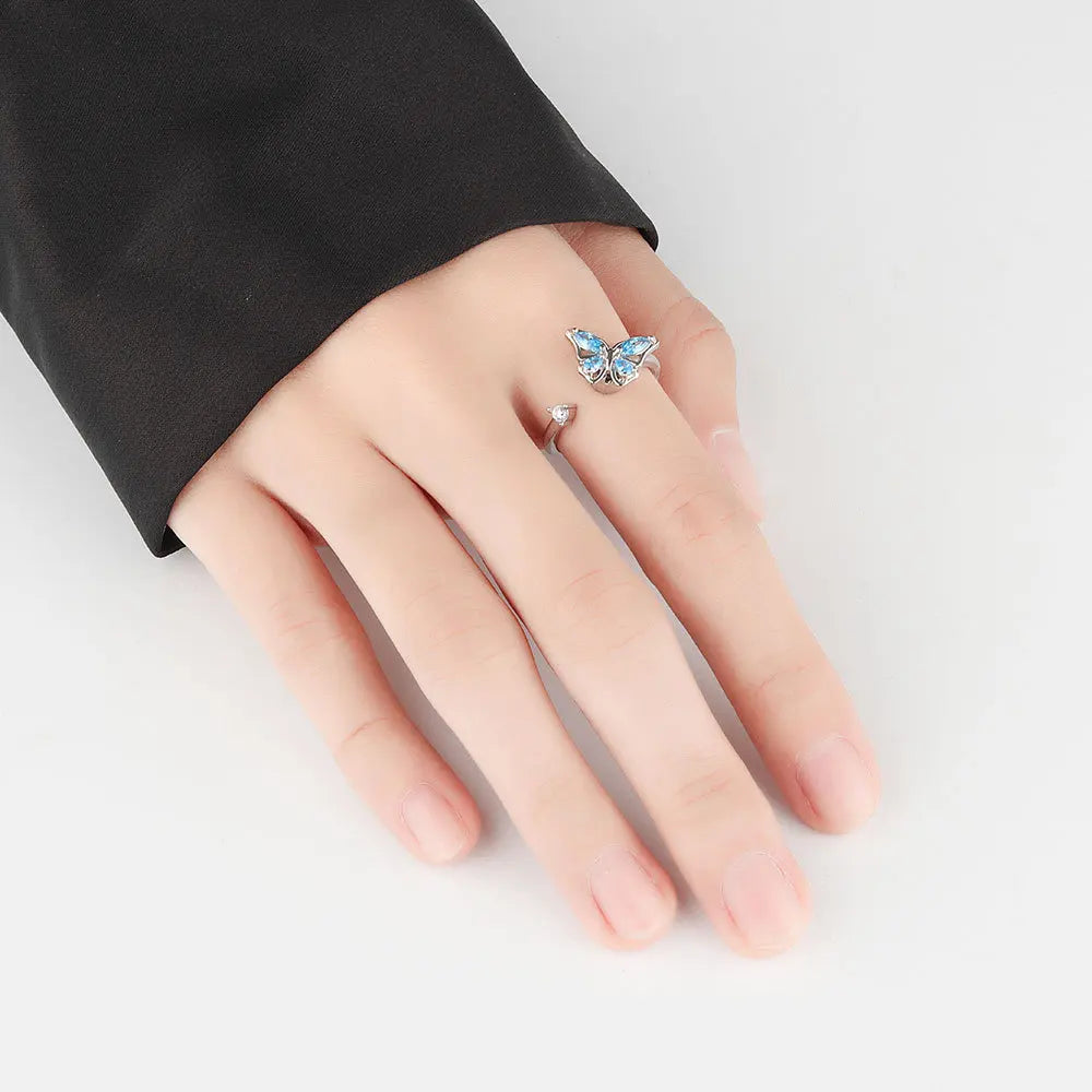 Blue Fidget Spinner Ring Anxiety for Women Multiple Crystal Flower Butterfly Animal Ring Rotate To Anti Stress for Wedding Party