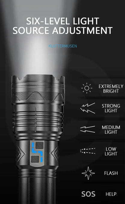Linterna LED potente GT60 de 100 W, linterna táctica de largo alcance con pantalla de potencia, linterna con zoom recargable por USB para acampar al aire libre