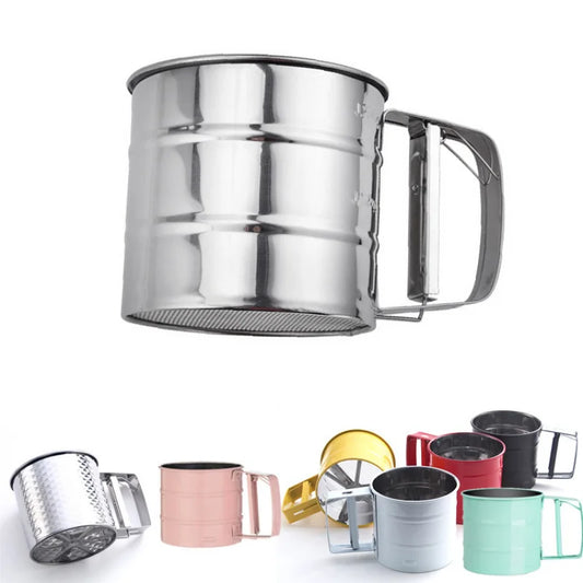 Stainless Steel Flour Sifter Powder Sieve Handheld Flour Sifter Powder Sieve Cup Double-Layer Hand Filter Powder Sieve Hand-Cran