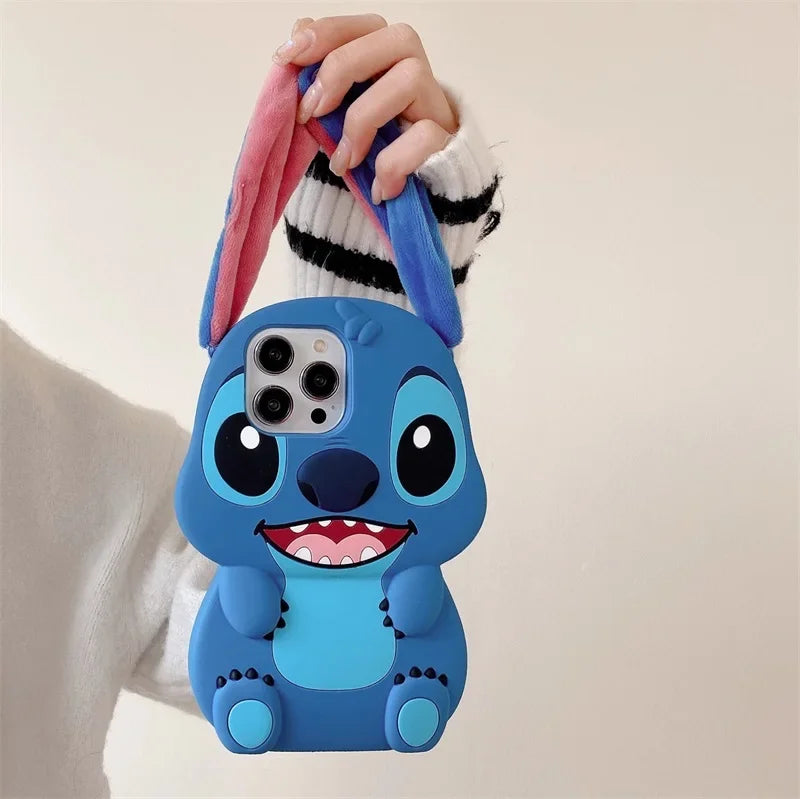 Stitch 3D Silicone Cartoon Phone Case for IPhone 14 13 12 11 15 Pro Max Fluffy Fur Plush Ear Sleeves Gift for Girls and Boys