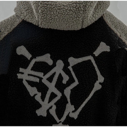 Manteau d'hiver en laine d'agneau pour homme, chaud, épais, mode décontractée, lettre brodée, capuche, ample, fermeture éclair, poche, veste en fausse peau de mouton