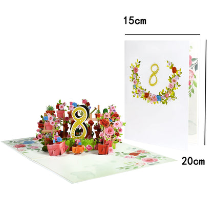 Tarjeta de aniversario emergente con números 1, 10, 28, 21 y 30 en 3D para cumpleaños, bodas