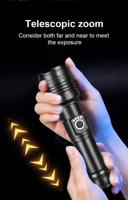 Linterna LED de alta potencia XHP 120, linterna con batería 18650 26650, recargable por USB, con zoom, para emergencias, acampadas al aire libre y pesca