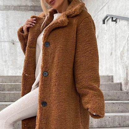 Trendy Women Overcoat Autumn Winter Women Trench Coat Long Style Pure Color Single-breasted Teddy Jacket  Windproof