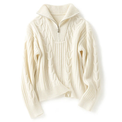 Thick Sweater Women High Quality100% Cashmere Warm Winter Long Sleeve Top Turn-down Collar Zipper Vintage Pullover
