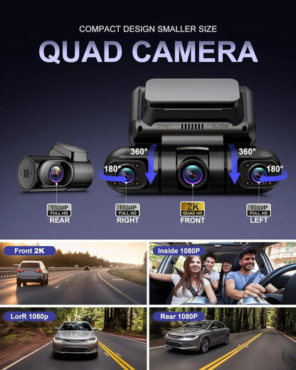 4 Channel Dash Cam 360°Panoramic View 2K+1080P+1080P+1080P Car DVR 5G WiFi/GPS Video Recorder 24/7 All-weather Monitor Max 512G
