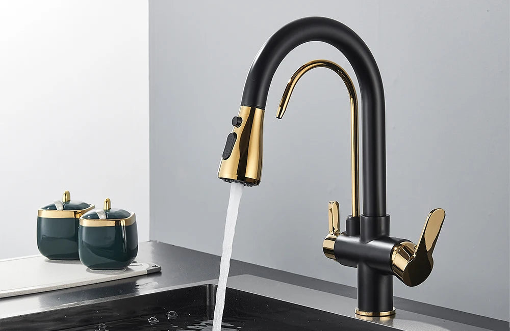 Grifo de cocina con filtro negro extraíble con rotación de 360 ​​grados y grifo mezclador de fregadero de tres vías