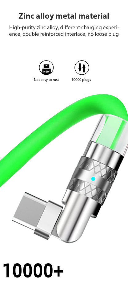 120W Usb Type C Fast Charge Cable 180 Degree Elbow Rotation Type C-Lightning Zinc Alloy Liquid Silicone Data Cable with Light