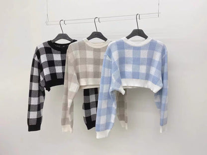 Pullovers Women Checkerboard Crop Knit Sweater Long Sleeve Crew Neck Box-fit Plaid Jumper Outfit