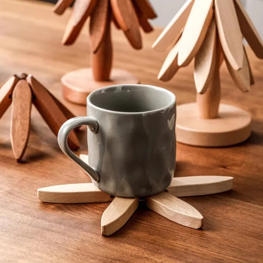 3/4Pcs Walnut Tree Table Mat Set Natural Foldable Wooden Tree Trivet for Hot Dishes Pot Bowl Teapot Holder Placemat