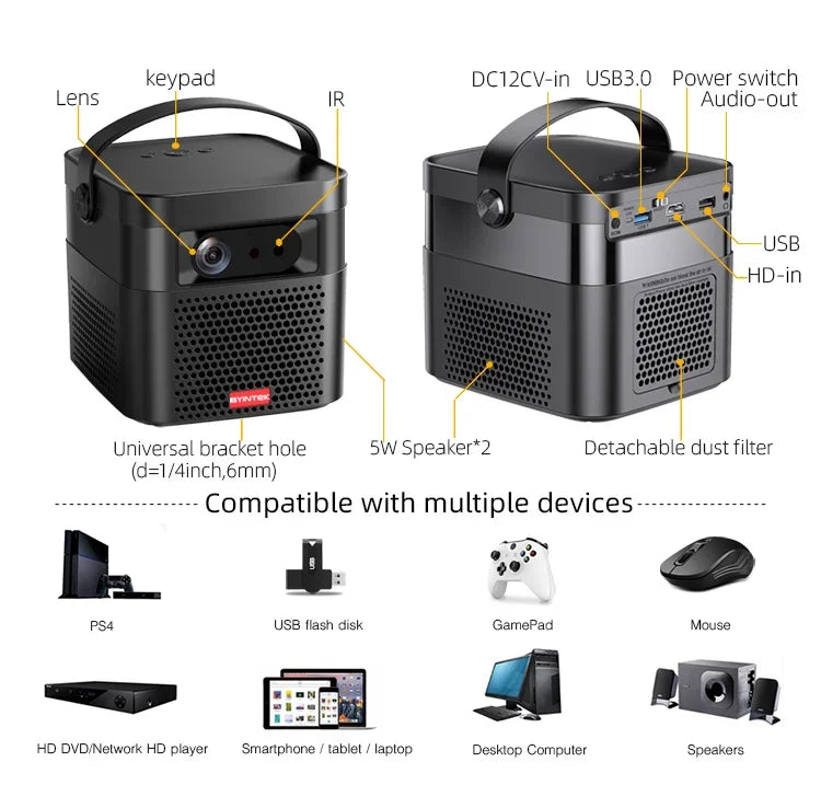 Byintek U90 Pro Rechargeable Smart 3D Projector DLP LED Outdoor Small Portable Beamer, Mobile Mini 1080P Android WIFI Projecteur