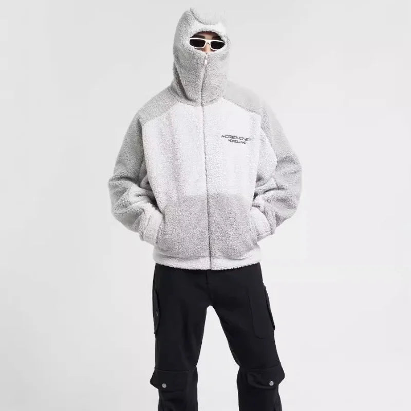 Manteau d'hiver en laine d'agneau pour homme, chaud, épais, mode décontractée, lettre brodée, capuche, ample, fermeture éclair, poche, veste en fausse peau de mouton