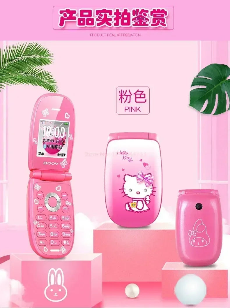 Sanrio Hello Kitty Flip Phone New Cartoon Cute Children White Pink Kawaii Mini Phone Children Birthday Gifts Fashion Model Toys