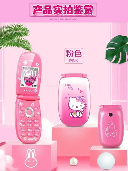 Sanrio Hello Kitty Flip Phone New Cartoon Cute Children White Pink Kawaii Mini Phone Children Birthday Gifts Fashion Model Toys