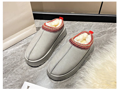 2024 Winter New Snow Boots for Women Cashmere Warm Thick Soles Without Heel-covered Hair Half Slipper Cotton Shoes for Women