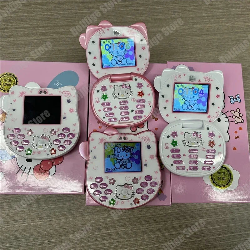 2024 New Product In Stock Cartoon Cute San Liou Kitty Flip Phone White Pink Mini Phone Children's Fashion Model Toy Youth Gift