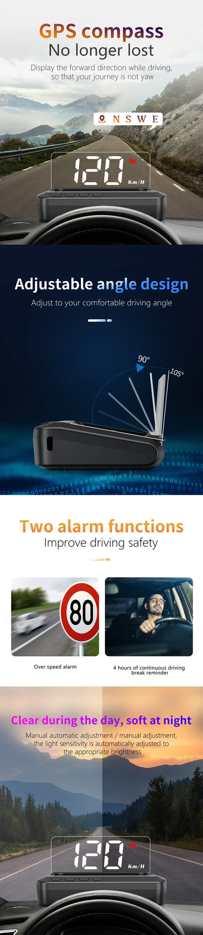 Smart Head Up Display OBD2 GPS Digital Speedometer Direction System Tachometer Projector Water Temp Voltage Turbo Security Alarm