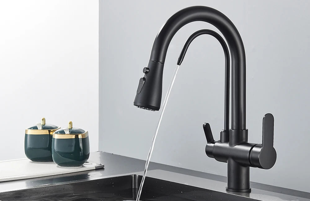 Grifo de cocina con filtro negro extraíble con rotación de 360 ​​grados y grifo mezclador de fregadero de tres vías