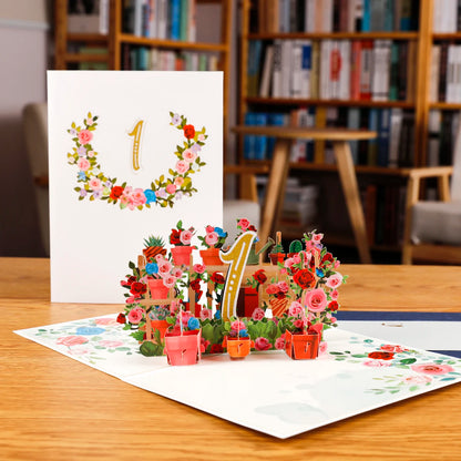 Tarjeta de aniversario emergente con números 1, 10, 28, 21 y 30 en 3D para cumpleaños, bodas