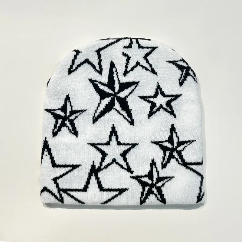 Autumn and Winter Star Pentagram Knitted Hat Vintage Men's and Women's Woolen Hip Hop Print Beanie Hat Outdoor Sports Warm Cap